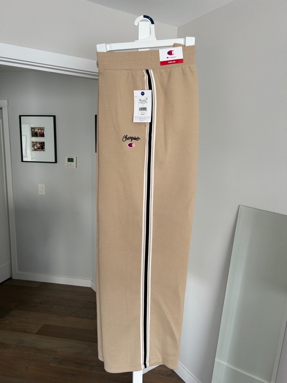 NWT Women’s L Champion Tan Track Pants with Black and White Side Stripe